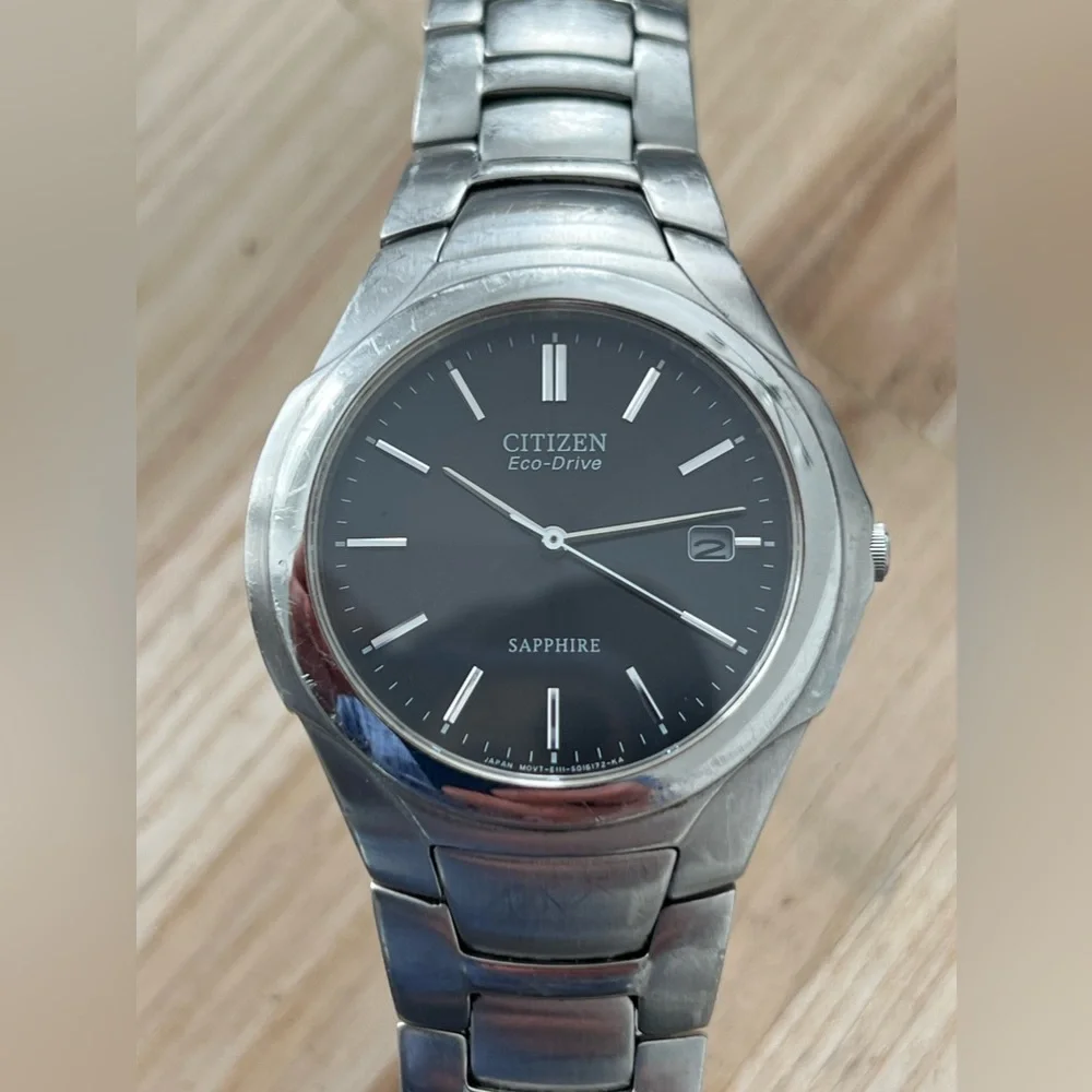 Citizen Eco-Drive Sapphire Men’s Solar Watch Black Dial Stainless Bracelet Date